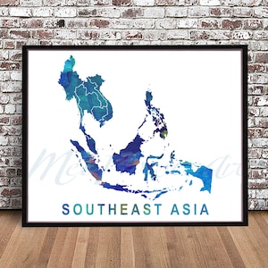 Map PRINT South East Asia, Southeast watercolor painting POSTER, wall art, home decor, Indonesia Philippines Thailand Vietnam city skyline