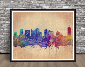 Vintage Nashville skyline watercolor skyline watercolour Tennessee painting skyline Nashville city skyline print rainbow cityscape,TN state