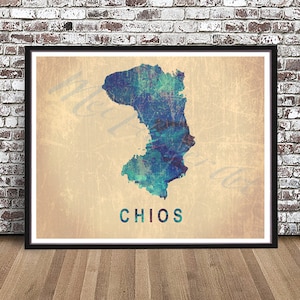 May include: A vintage-style print of the island of Chios, Greece. The island is depicted in shades of blue and green, with a textured background.