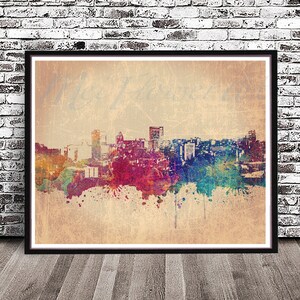 Vintage Asheville City Skyline, water color painting styled PRINT, Cityscape posters, wall art, watercolour, rainbow, North Carolina, NC
