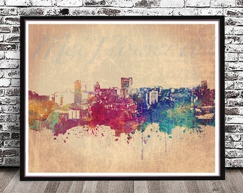 Vintage Asheville City Skyline, water color painting styled PRINT, Cityscape posters, wall art, watercolour, rainbow, North Carolina, NC