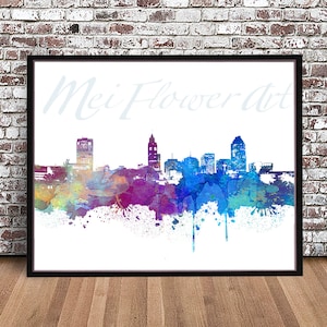 Impresión del horizonte de la ciudad de Raleigh, póster estilo acuarela, mapa de Carolina del Norte, NC, paisaje urbano, pintura de acuarela, dibujo de ilustración, arcoíris