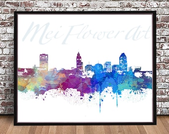 Raleigh City Skyline PRINT, watercolor style POSTER, North Carolina, NC map, Cityscape, watercolor painting, Illustration drawing, rainbow