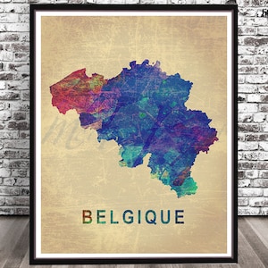 Vintage Belgium country map watercolor painting city print art watercolour travel skyline cityscape Belgian Belgique Nation Brussels Blue