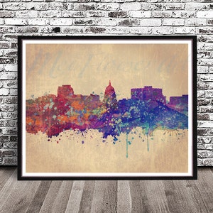 Vintage Madison Wisconsin City Skyline watercolor map watercolour painting print poster art decor Illustration rainbow WI City Milwaukee