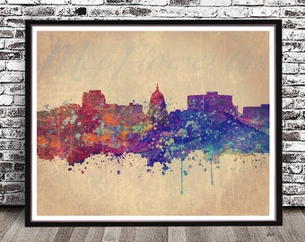 Vintage Madison Wisconsin City Skyline watercolor map watercolour painting print poster art decor Illustration rainbow WI City Milwaukee