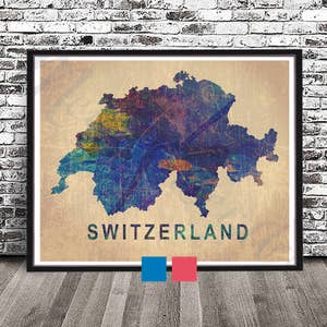 Vintage Switzerland PRINT, Switzerland Watercolor painting style, Swiss Poster, watercolour maps, wall art, karte, carte, peinture, Schweiz