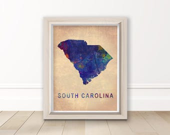 Vintage Style South Carolina state map PRINT, watercolor painting style, poster decor Illustration watercolour SC City skyline Blue Columbia