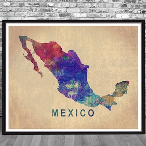 May include: A colorful watercolor map of Mexico with a vintage, textured background. The map is outlined in black and the word "MEXICO" is printed in black at the bottom of the map.
