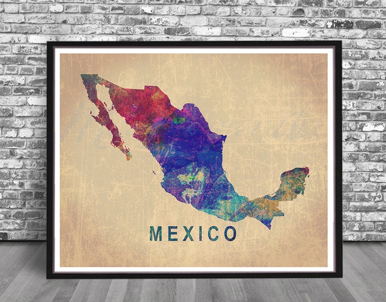 May include: A colorful watercolor map of Mexico with a vintage, textured background. The map is outlined in black and the word "MEXICO" is printed in black at the bottom of the map.