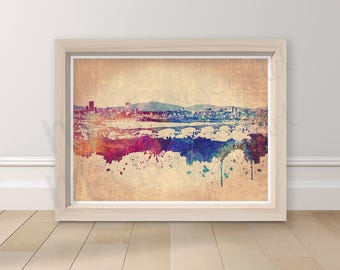 Vintage Seoul City Skyline, water color painting PRINT, Cityscape posters, decor wall art, watercolour, rainbow, South Korea, SK, KOR giclee