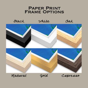 May include: Close-up of six different frame options for paper prints. The frames are in the colors black, white, oak, natural, gold, and espresso.
