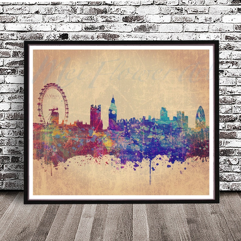 May include: A watercolor painting of the London skyline, featuring the London Eye, Big Ben, and other iconic landmarks. The painting is done in a variety of colors, including blue, purple, and green, and has a vintage, distressed look.