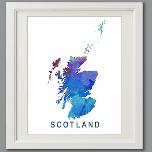 Scotland country map watercolor painting city print art watercolour rainbow travel, retro skyline, cityscape, Scottish Nation Edinburgh Blue