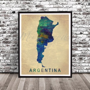 Vintage Argentina country map watercolor painting poster print watercolour travel decor skyline cityscape Buenos Aires Iguasu Falls  blue