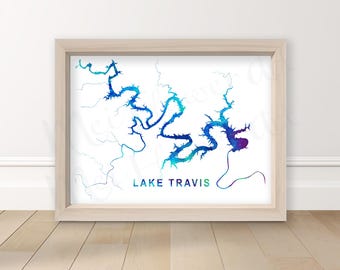 Lake Travis PRINT, Watercolor Lake map, Travis Texas Poster, TX Lake Painting, Art Texas map painting, Travel Illustration, drawing Vacation