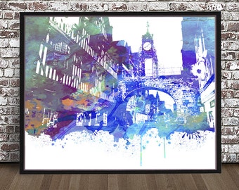 Chester England Town Square, Cityscape watercolor painting PRINT, City skyline poster, wall art decor, Illustration blue drawing, ENG map GB