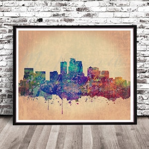 Vintage Minneapolis skyline watercolor styled PRINT cityscape rainbow watercolour painting art poster decor illustration drawing Minn MN