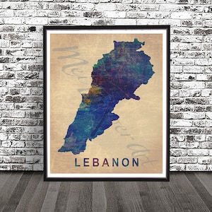 May include: A vintage-style map of Lebanon with a blue, green, and purple watercolor effect. The word "Lebanon" is printed in white at the bottom of the map.