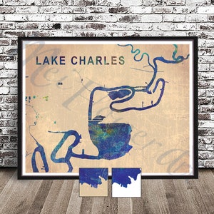 Vintage Lake Charles PRINT, Watercolor Lake map, Charles Louisiana Poster, LA Lake Painting Charles, map Travel, Charles wall art, Lakehouse