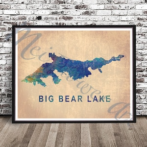 Vintage Big Bear Lake PRINT, Watercolor Lake map, Painting Bear CA Poster, California Lake Painting, map poster, Travel Art, drawing, decor