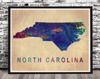 Vintage North Carolina state watercolor map watercolour painting print art Illustration rainbow NC Blue Raleigh Charlotte city skyline