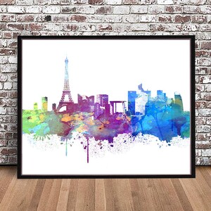 Paris City Skyline PRINT, Giclée Paris Cityscape rainbow, watercolor style, watercolor POSTER, ville ligne d'horizon FR France