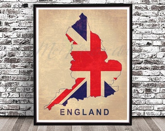 Vintage Union Jack England flag map watercolor painting city print art poster watercolor skyline UK United Kingdom Great Britain London