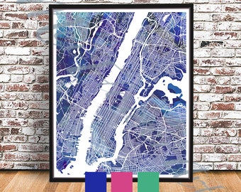 Manhattan Street Map, NYC Streetmap, New York City, NY streetmap, Big Apple Map, Manhattan Watercolor, NYC painting, New York Print, Borough