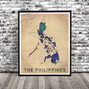 May include: A vintage-style print of the Philippines, featuring a colorful map of the islands on a beige background. The text "THE PHILIPPINES" is printed in green at the bottom of the print.