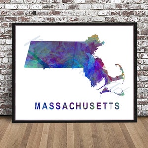 Massachusetts state map, watercolor style PRINT, watercolour painting, art Illustration MA, Mass, Massachusettes gift,