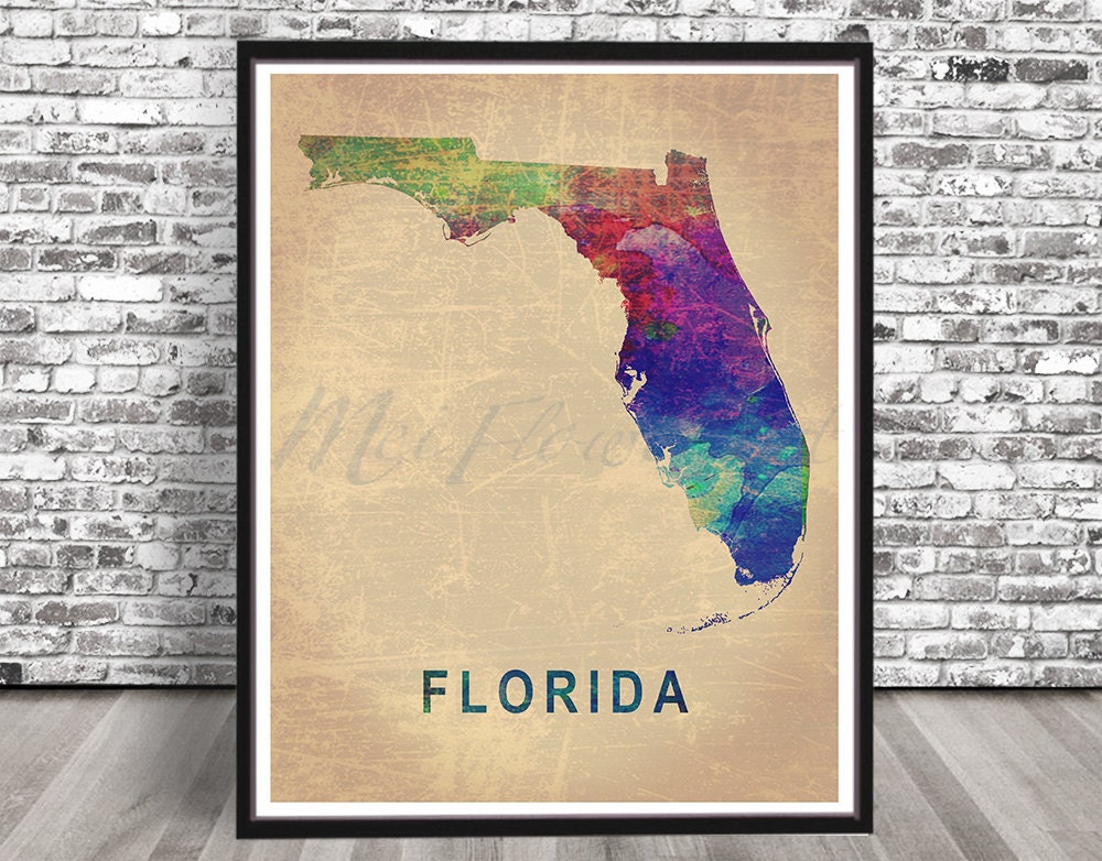 Vintage Florida watercolor map, watercolour, Distressed Florida state painting, Map Miami Tampa print art, fl orida,  Poster, wallart, FL