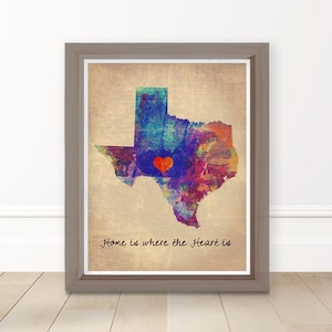 Vintage Home is Where the Heart is Texas Print, Texas map watercolor print, state map painting,  wall art, TX, Watercolour, Posters, Western
