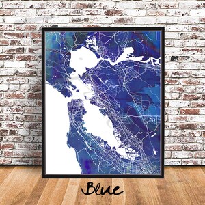 May include: A watercolour map of San Francisco, California, in shades of blue. The map shows the city's streets, landmarks, and coastline. The word "Blue" is written in cursive at the bottom of the image.