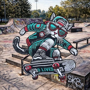 May include: A patch featuring a cat wearing sunglasses and a teal and red jacket, skateboarding. The skateboard has the text "19 LIVES". The background shows a skate park with ramps and graffiti.