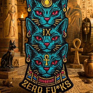 May include: Embroidered patch featuring three stylized cat faces in teal and black, with red eyes and gold accents. The patch reads "9 LIVES" at the top, "IX" in the middle, and "ZERO FU*KS" at the bottom. The design has an Egyptian theme.