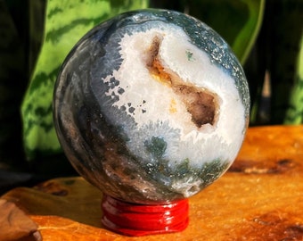 Moss Agate sphere w/ druzy crystals - come with wooden stand - for New Beginnings & a Refreshed Attitude - Moss Agate crystal