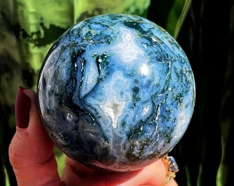 Moss Agate sphere w/ druzy crystals - come with wooden stand - for New Beginnings & a Refreshed Attitude - Moss Agate crystal