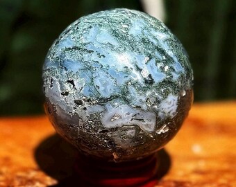 Moss Agate sphere w/ druzy caves - comes with wooden stand - for New Beginnings & a Refreshed Attitude - Moss Agate crystal