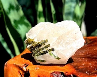 Green Tourmaline on Quartz Crystal -  for love, healing and prosperity