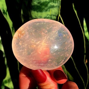 Rose Quartz crystal palm stone  with rainbows - Love Crystal ( Heart Chakra crystal) - Healing Crystal