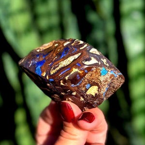 May include: A rough-cut opal gemstone with a mix of colors, including brown, blue, and gold. The stone has a unique pattern and texture, with a polished, glossy surface. The opal is held in a hand with red nail polish.