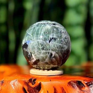 Puede incluir: Una gema esférica y pulida en tonos verdes y negros, que descansa sobre una pequeña base de madera redonda. La superficie de la piedra muestra vetas intrincadas. El fondo es verde borroso, con la piedra sobre una superficie de madera.