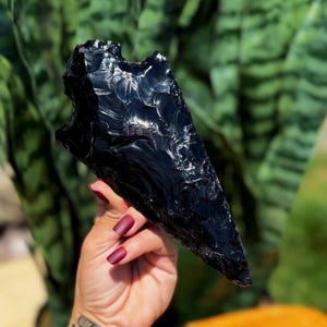 Può includere: Una grande punta di freccia in ossidiana nera lucidata con una punta affilata e una superficie strutturata. La punta di freccia è tenuta contro uno sfondo sfocato di fogliame verde, mostrando le sue qualità scure e riflettenti.