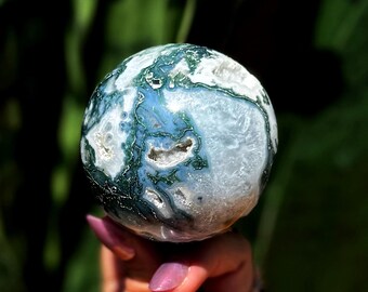 Moss Agate sphere w/ druzy caves - comes with wooden stand - for New Beginnings & a Refreshed Attitude - Moss Agate crystal