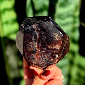 Puede incluir: Una gema facetada, de color marrón rojizo oscuro, con una superficie texturizada compleja. El cristal se sostiene en una mano con esmalte de uñas rojo, con un fondo verde borroso.