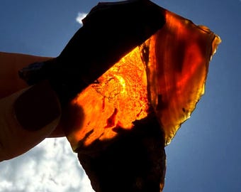 May include: A close-up of a piece of orange and brown agate, held up to the sun. The stone is translucent and shows the light shining through it.