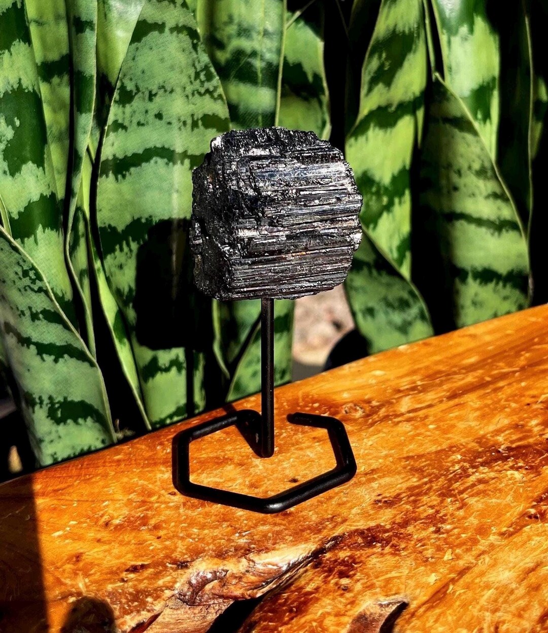 Black Tourmaline Crystal on Metal Stand - the “energetic Shield