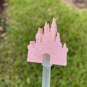 Hand-Painted Disney Castle Straw Topper – Glittered 3D Printed Design