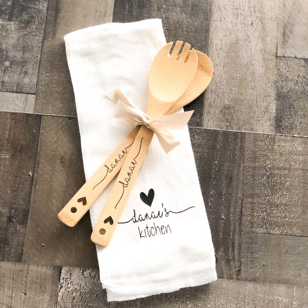 Personalized Kitchen Towel & Utensil Set - Monogram Kitchen Towel - Kitchen Decor - Engraved Utensils Set - Mother's Day Gifts - Housewares